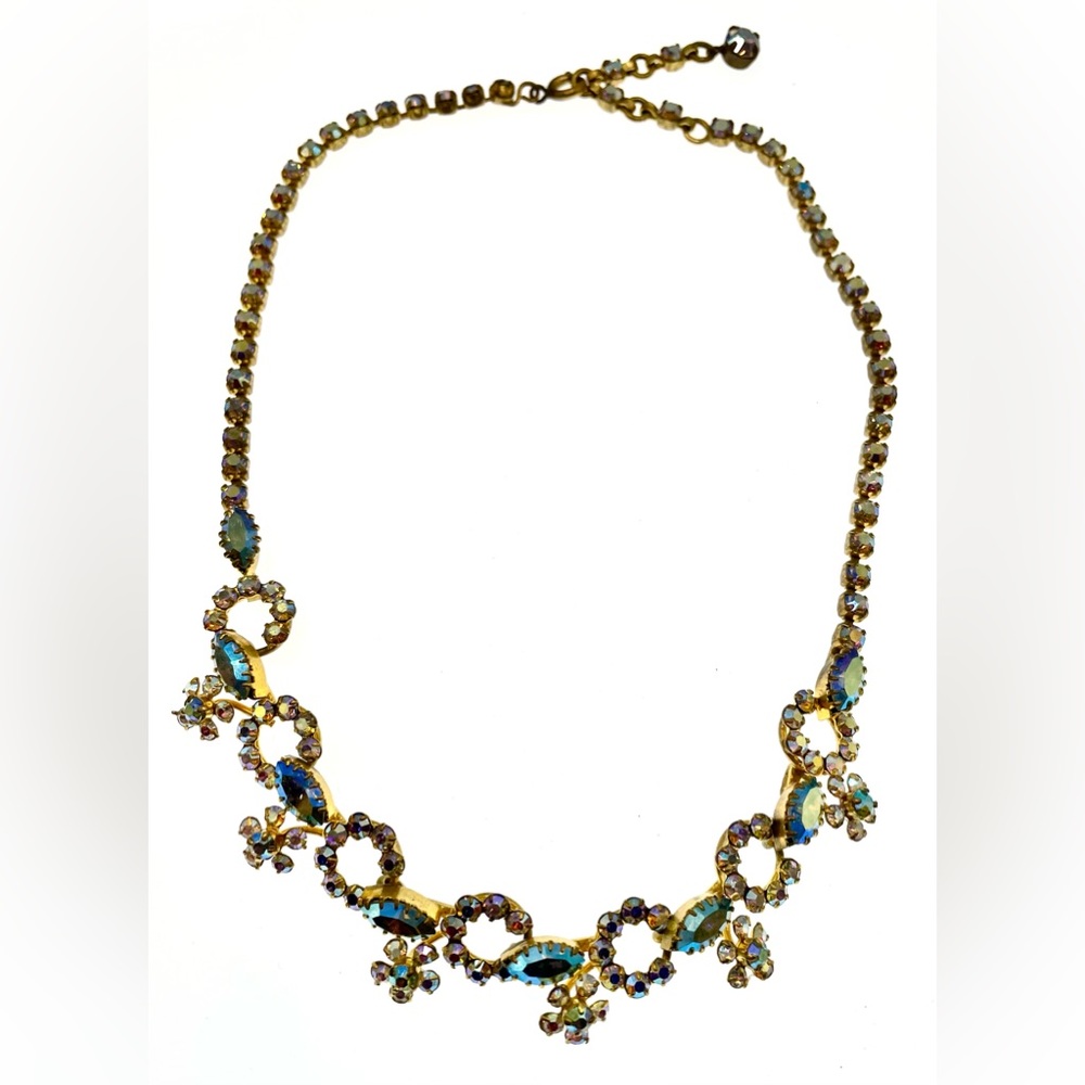 Vintage 50s Signed Austria GoldTone Floral AB Faceted Prong Set Crystal Necklace